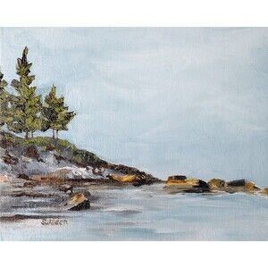 Orig. Oil Landscape Painting Coastal Acadia Maine Seascape Rock Pine Signed 8x10